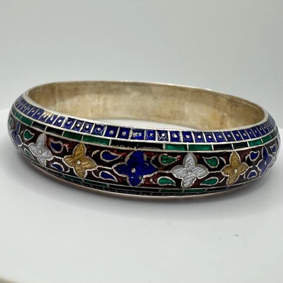 Antique 999 fine silver multicolor cloisonné guilloche enamel bangle bracelet - Picture 2 of 10